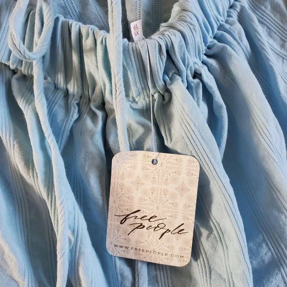 Free People Endless Summer Fine Lines Dress Womens XS Blue Long Sleeve Mini Boho